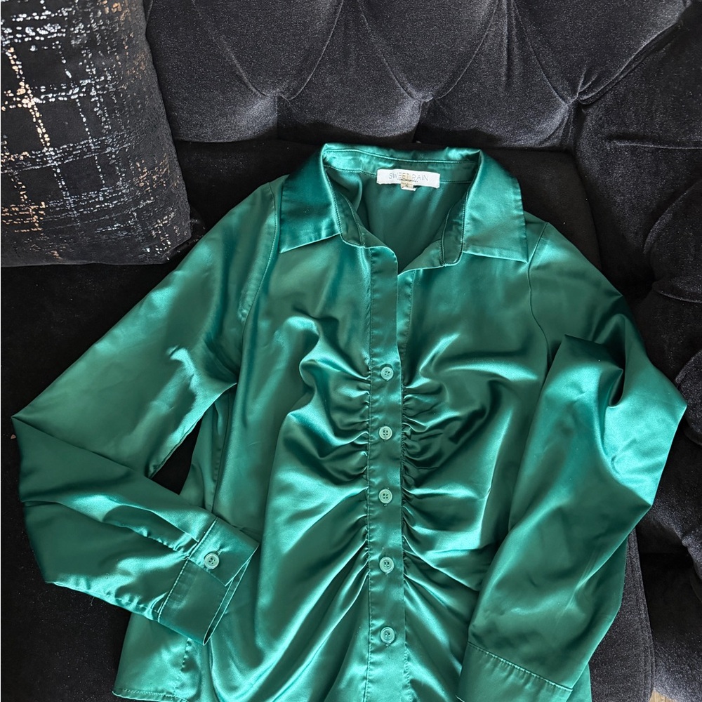 Sweet Rain Emerald Satin Button-Up Blouse